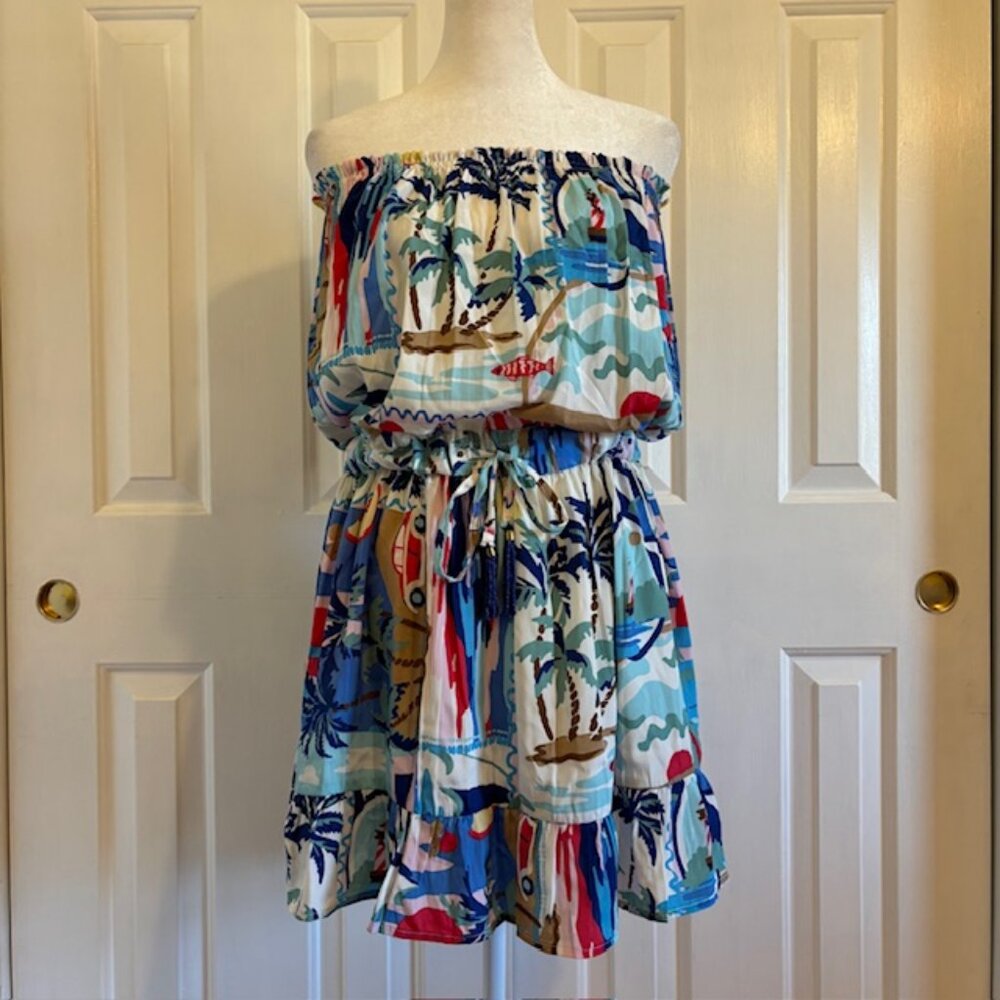 NWT True Destinations Printed Silky Crepe Ruffle Tiered Strapless Mini Dress XS